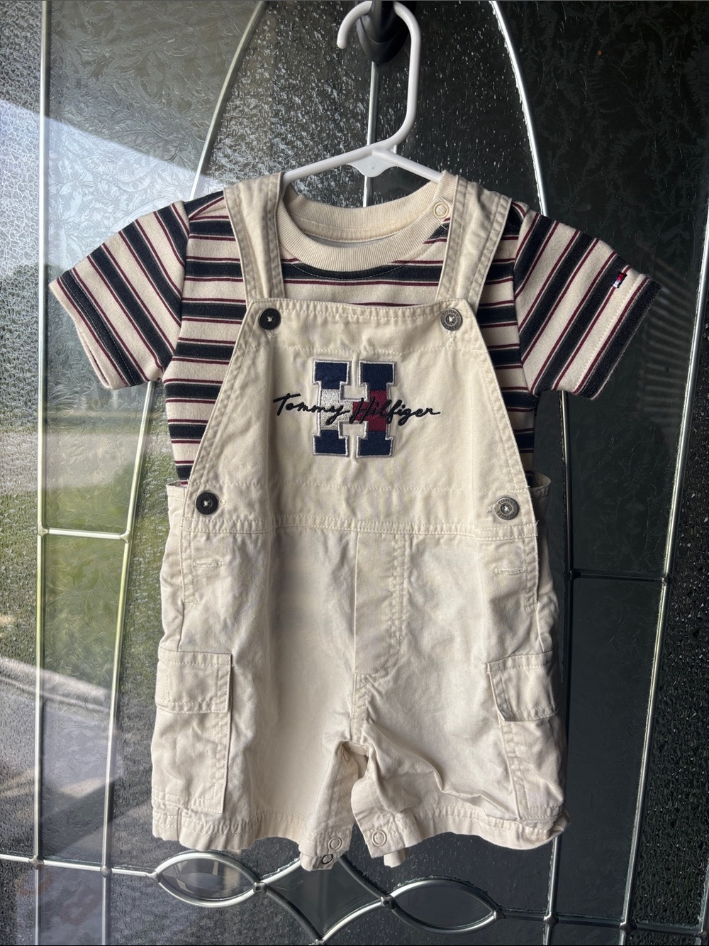 Tommy Hilfiger Cream Shortall Overalls with Navy & Red Logo w/ Stripe Undershirt
